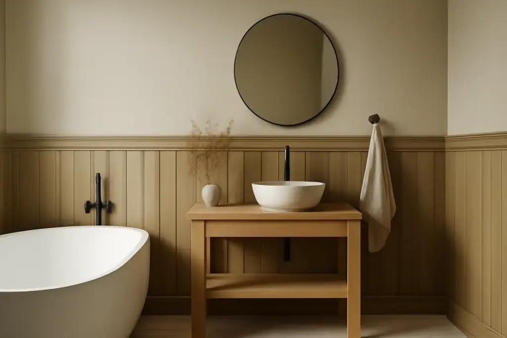 Boiserie e perline in bagno: la finitura che rende accogliente anche uno spazio moderno
