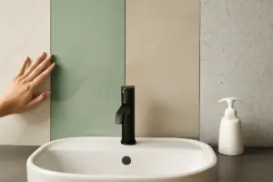 Quali materiali per la parete dietro il lavabo sono trend quest’anno? Scelte innovative che facilitano la pulizia