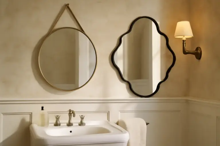 Specchi rotondi o sagomati in bagno: il trucco per dare movimento anche agli ambienti più classici
