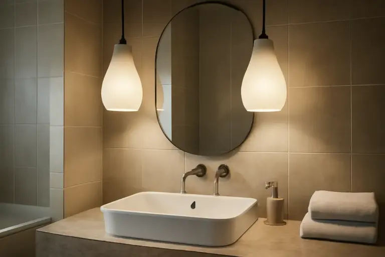 Lampade pendenti in bagno sopra il lavabo: soluzione scenografica che illumina meglio di quanto immagini